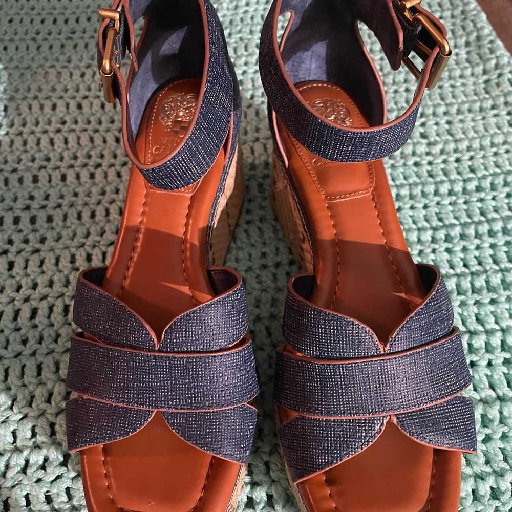 Vince Camuto Denim and Brown Espadrille Wedge Sandals with Crisscross Straps
